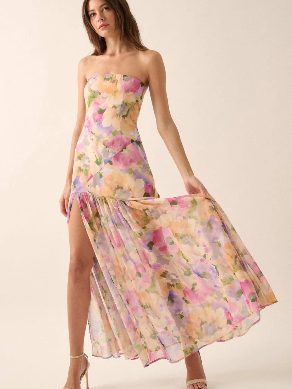 Promesa Garden Glow Floral Chiffon Strapless Maxi Dress